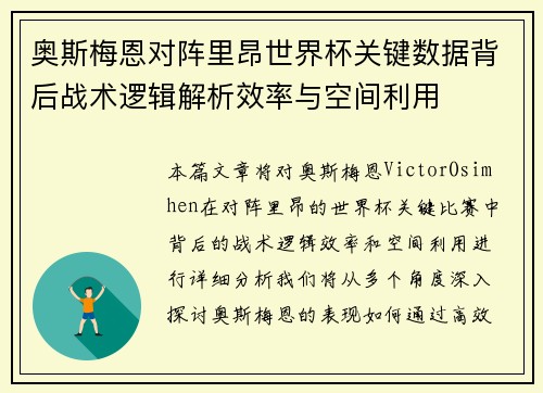 奥斯梅恩对阵里昂世界杯关键数据背后战术逻辑解析效率与空间利用 奥斯梅恩对阵里昂世界杯关键数据背后战术逻辑解析效率与空间利用